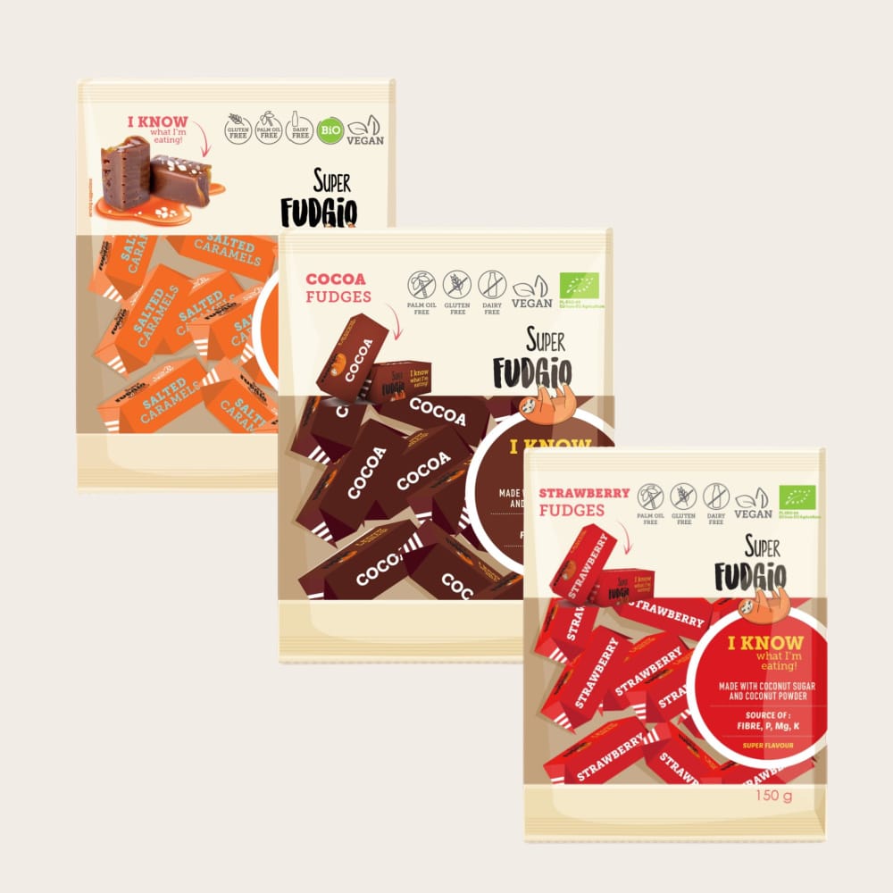 Super Fudgio Pehmed iirisekommid Kolme maitse kombo 3 150g Soolakaramell Kakao Maasikas 1 paki hind 333 Boost Yourself